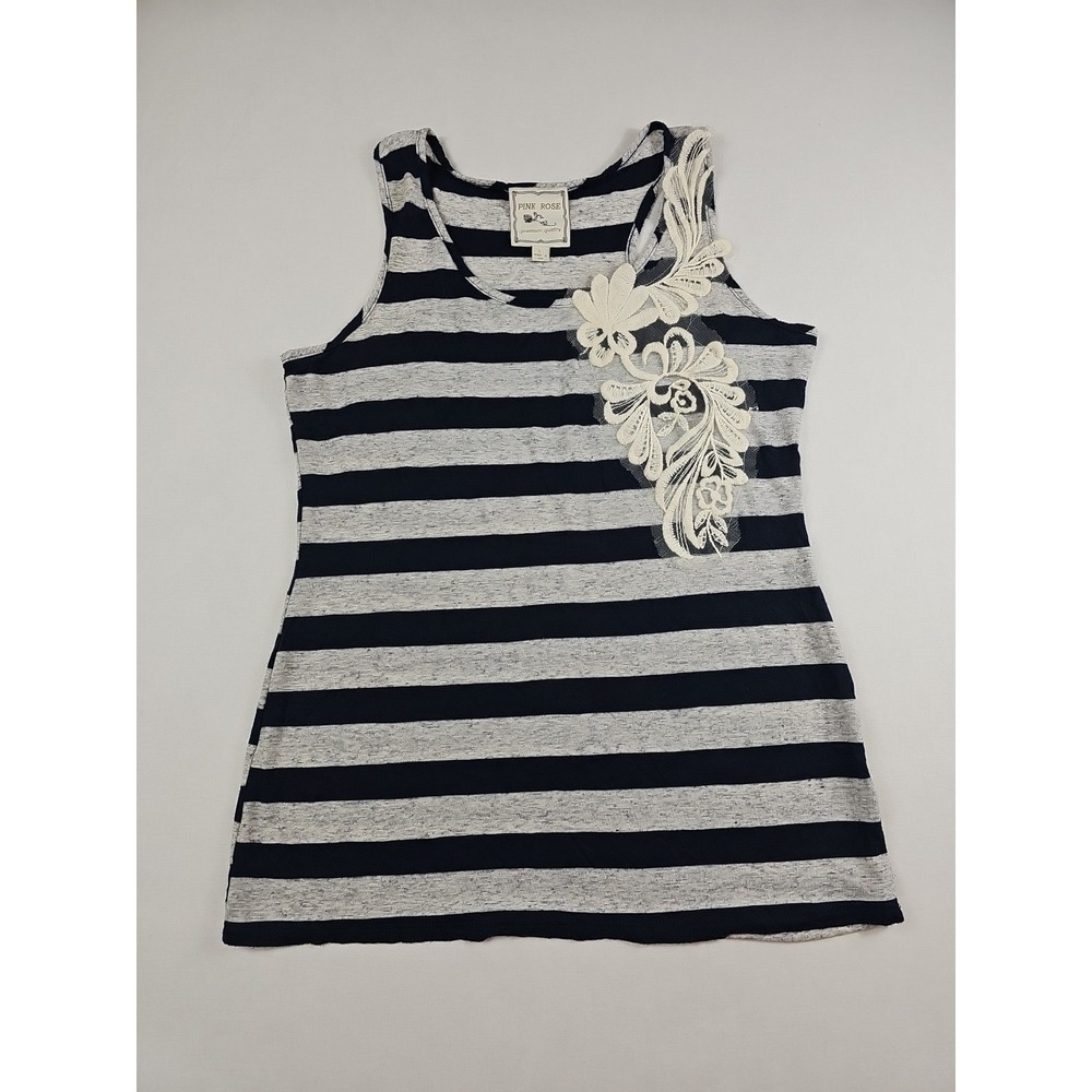 Pink Rose Women's Size L Black Gray Striped Tank Top Pull Over Scoop Neck
